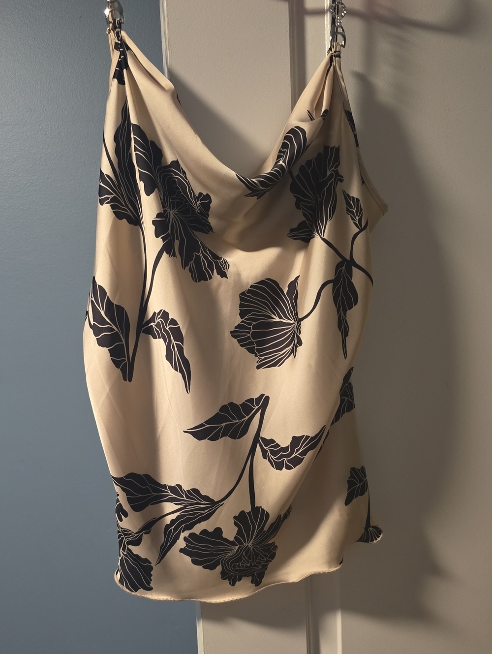 Draped Cowl Neck Floral Camisole - Cream & Black
